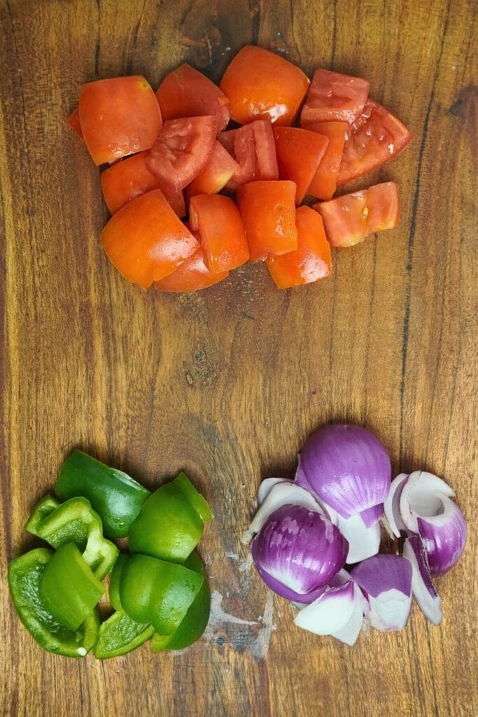 BBQ Grilled Paneer Tikka evenly cut tomato bell pepper and onion