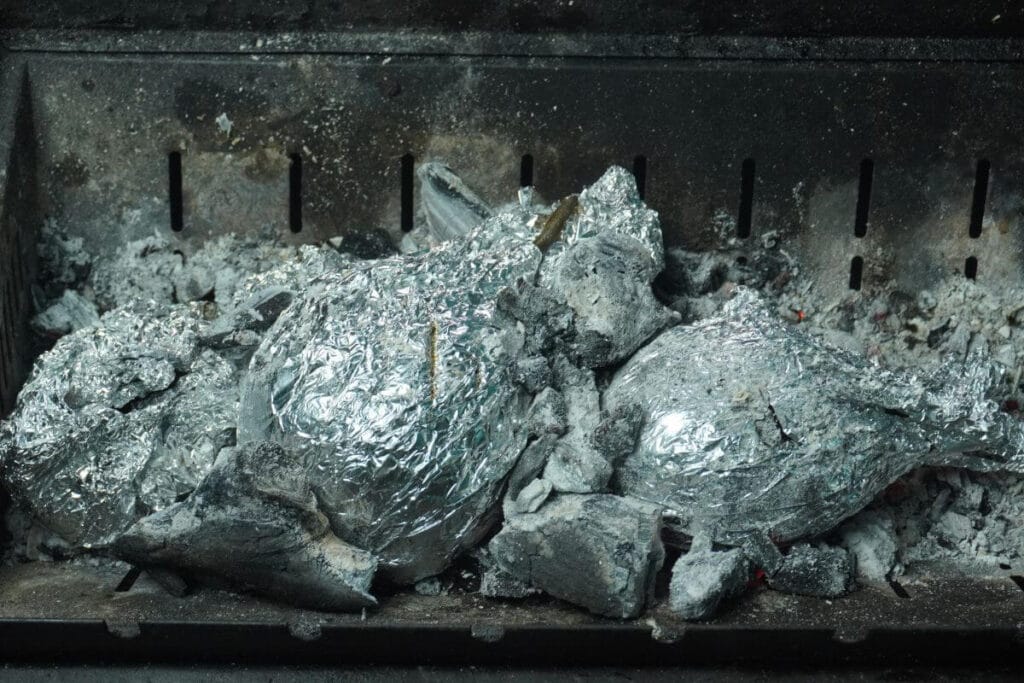 BBQ mashed eggplant on charcoal