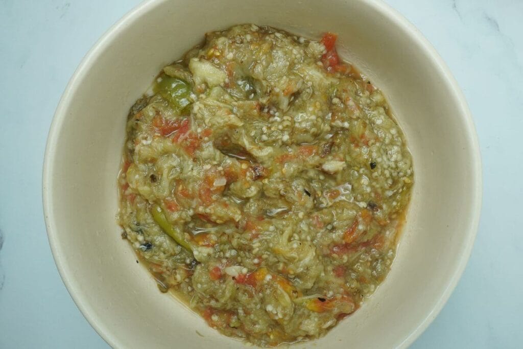 BBQ mashed eggplant peal then mash