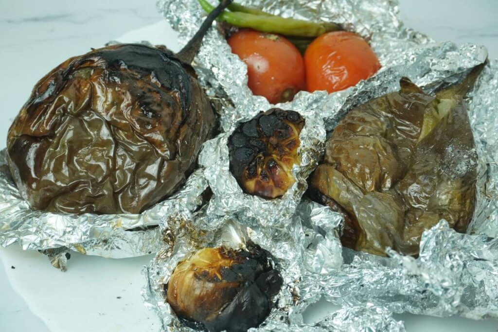 BBQ mashed eggplant unwrapping foil