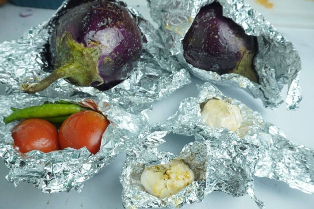 BBQ mashed eggplant wrapping foil