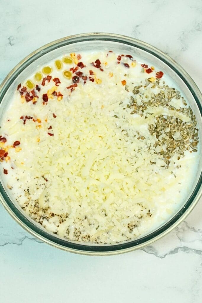 Air Fryer Mac and Cheese for Two add all ingredeints